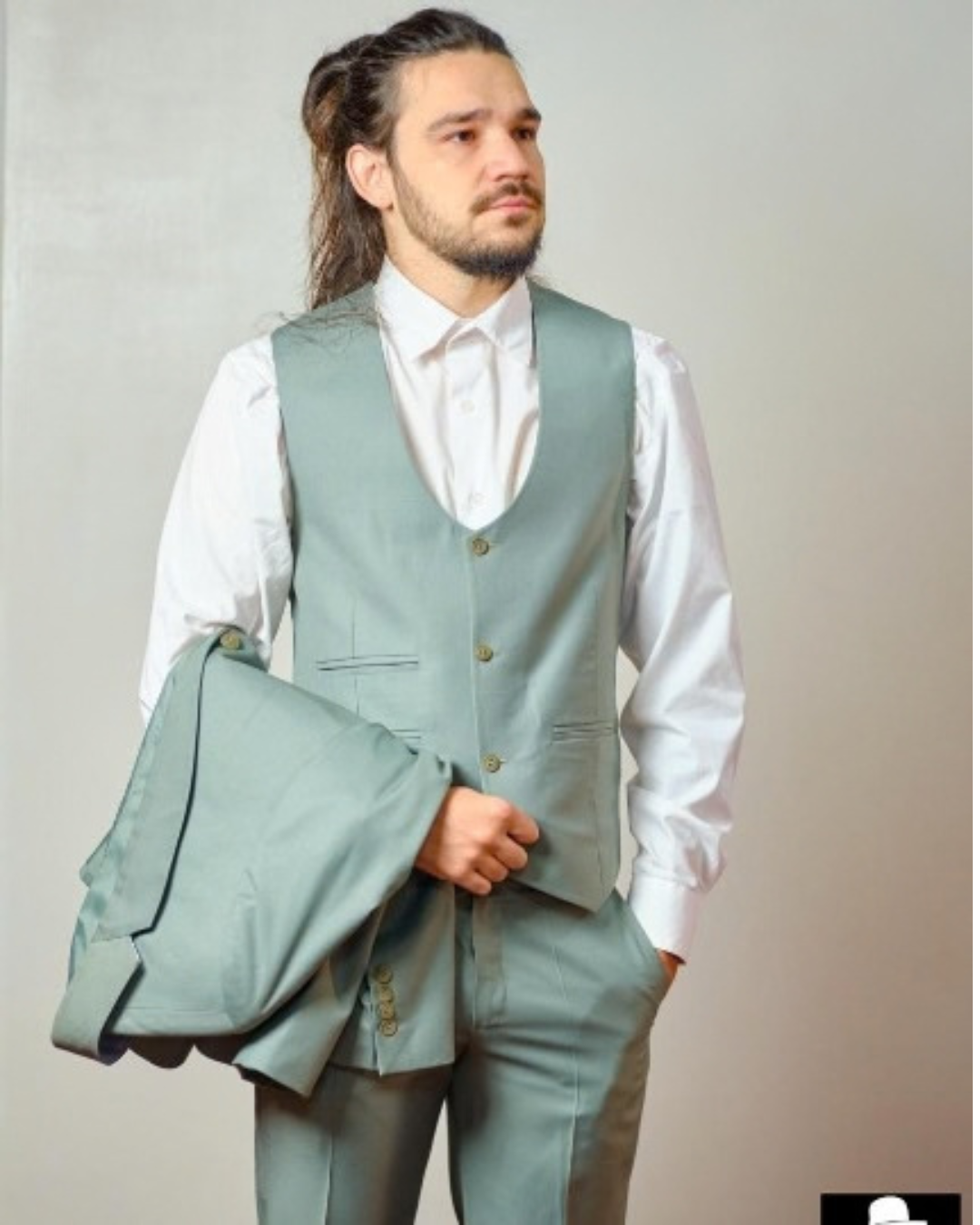 Costume Trois Pièces Vert Sauge